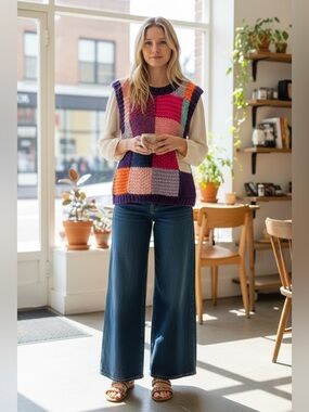 Chunky Knit Patchwork Vest in Jewel & Pastel Tones
